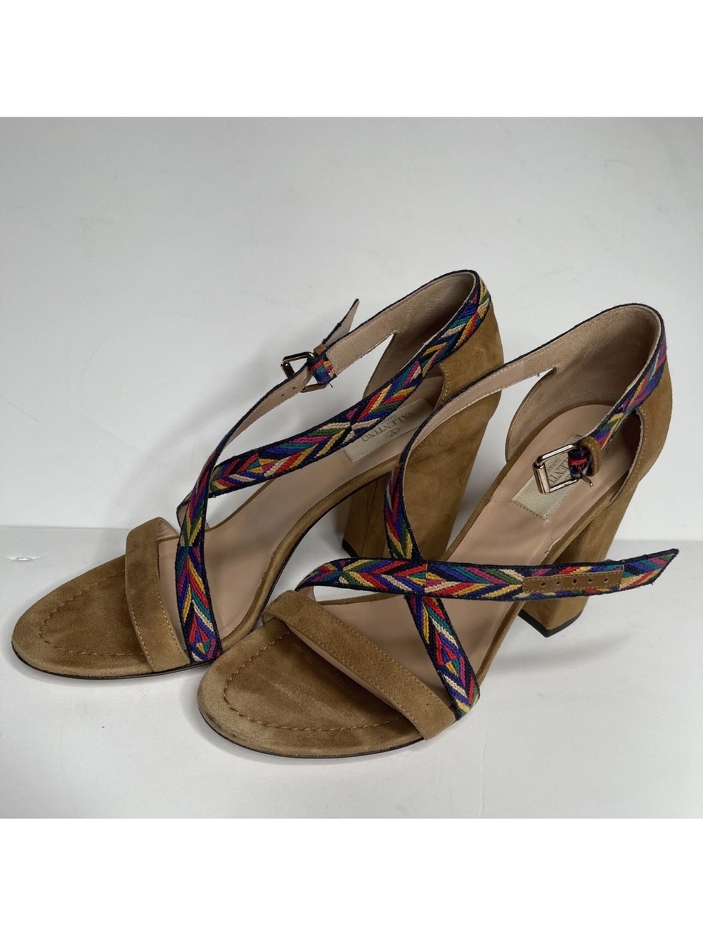 Valentino Tan Suede Block Heels with Multicolor Braided Straps